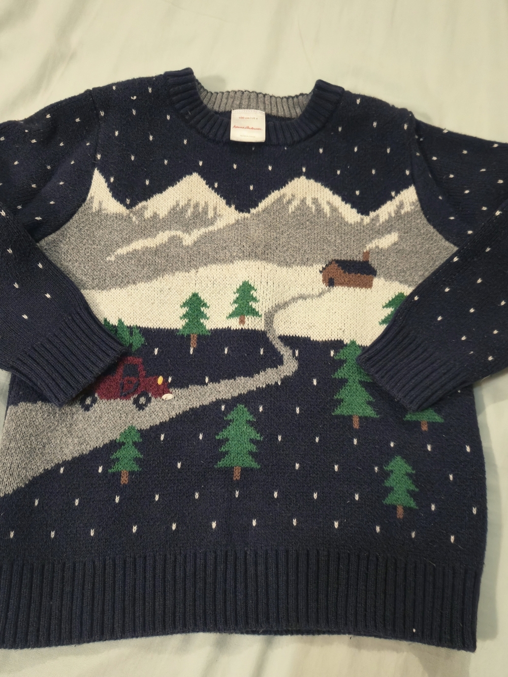 Hanna Andersson Kids Navy Scenic Knit Sweater with Cabin Motif